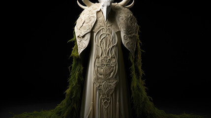 Shrouded in a cloak crafted from the deepest green leaves a druidic figure stands tall in the woodlands. On either side of their hood are two ram heads a reminder of their