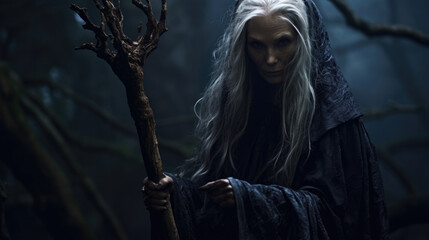 Behind her stood an ancient witch facing the darkness dd in a tattered ebony cloak. Her eyes sunken with age her long grey hair thinning and her body warped with years of