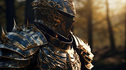 The prince stands tall and proud his armor gleaming in the sunlight resplendent with its slice of navy blue in the center. An intricately detailed steel hilt protruding from