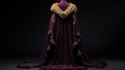 Fototapeta na wymiar From the back view only a hint of yellow eyes pierces through the darkness of the heavy robe the royal purple hue of the garment highlighted by the luxurious burgundy fur