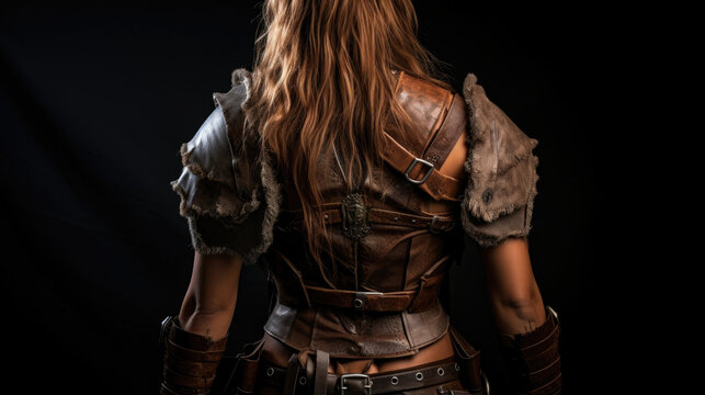 A sy and confident barbarian stands before the viewers her face hidden in the shadows of her brown hood. Her back is covered with heavy leather armor complete with intricate