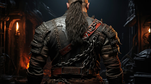 The image showed the back of a burly blacksmith wearing a set of heavyduty leather armor. He carried a twohanded hammer in one hand and a large anvil slung over his shoulder