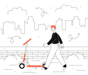 Man with electric scooter vector line concept