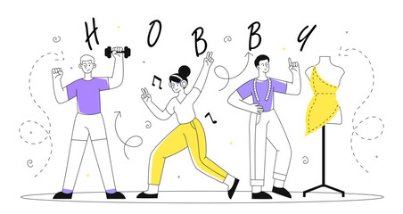 People with hobbies vector line concept