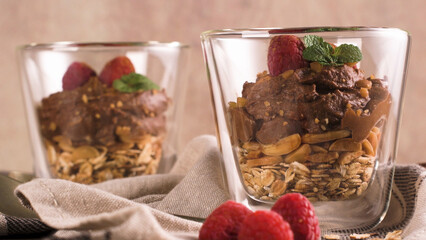 Couple of glasses of chocolate and chestnuts mousse