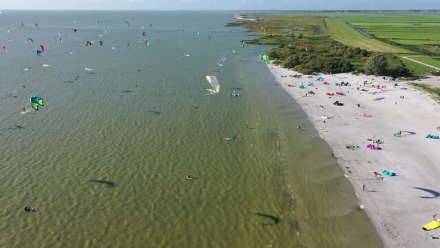 Aerial from kite surfing at the IJsselmeer in the Netherlands