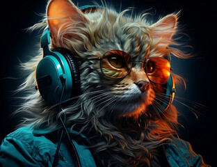 blue kitten with headphones wearing neon glasses on black background, in the style of light turquoise and light amber