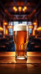 Refreshing Indulgence: Large Glass of Very Cold Beer on a Highly Detailed Bar