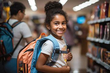 A young girl smiling in a library, ready for a new school year