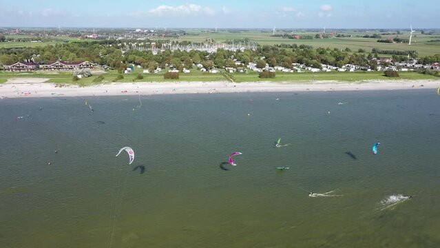 Aerial from kite surfing at the IJsselmeer in the Netherlands