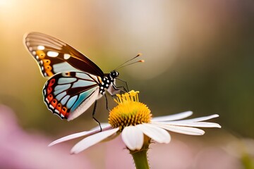 Obraz premium butterfly on a flower, blurred background, macro photography created with generative ai technology