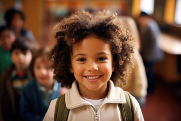 Smiling portrait of a young african american girl ready for her first day of school in a elementary school