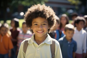 Portrait of a young african american boy ready for the first day of school in the elementary school