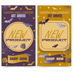 Happy Halloween - New product sale banner (special offer). Design of two flyers with colorful bats, pumpkins and spider web. Vector illustration