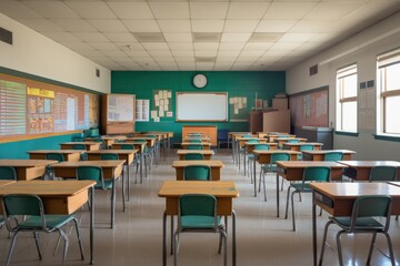 Empty classroom in a high school ready to receive students for the first day of school - obrazy, fototapety, plakaty