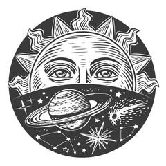 Sun with face and stars in space. Monochrome celestial print. Boho style design engraving vintage illustration - obrazy, fototapety, plakaty