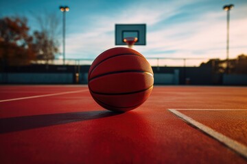Basketball on an empty outdoor basketball court with no people - Powered by Adobe