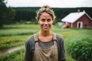 Smiling portrait of a young female farmer working on a farm