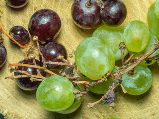 Grapes kishmish on a wooden background. The grapes are overripe. Harvest in the village. wine ingredient