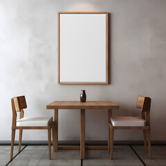 Dining table and chair and picture frame, background, template. Generative AI.