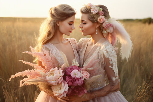 LGBT Brides on Their Special Day, Joyful Lesbian Wedding, Lesbian Wedding Elegance, Lesbian marriage couple in white dresses