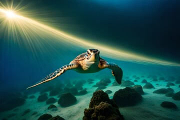 underwater photo of a turtle swimming in tropical sea water, underwater landscape, marine wildlife created with generative ai technology