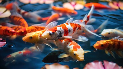 background with bright koi fish radiating a peaceful aura in oriental harmony. zen pond. Koi fish in a dark water pond filled with colorful flowers and leaves