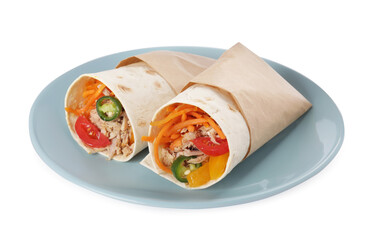 Delicious tortilla wraps with tuna isolated on white