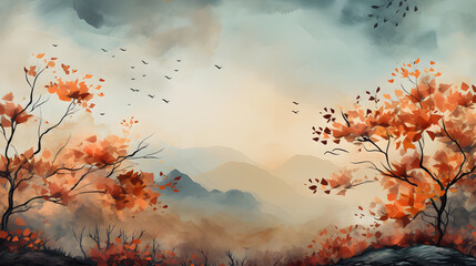 A beautiful painting of a flock of birds flying through a forest, with colorful leaves falling from the trees.