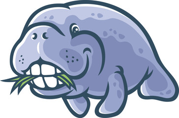 Cute Cartoon Manatee Eating Sea Grass