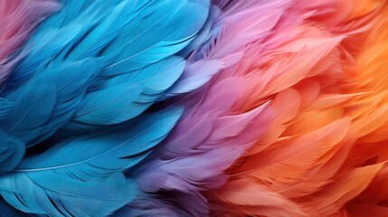 Texture background with feather surface of bright different colors in soft diffused light. Macro background of feathers, close-up. 