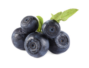 Delicious ripe bilberries and green leaves isolated on white