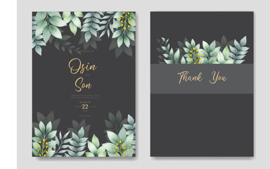 wedding invitation card with green leaves  