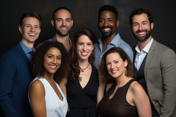 Fototapeta premium A group of professionals strike a pose in front of a chalkboard, their smiles reflecting a shared sense of accomplishment and camaraderie.