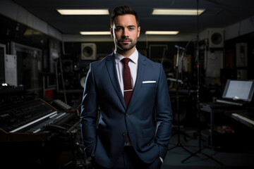 Confident Music Producer in a Stylish Suit and Tie, Leading a Successful Studio Recording Session with Professional Recording Equipment and Instruments