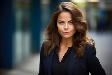 Empowered and Stylish: A Confident Businesswoman in a Black Blazer and Royal Blue Peplum Top, with Chic Brown Hair and Striking Grey Eyes