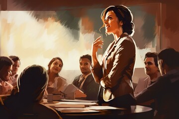 a female business leader charismatically talking to her team during a meeting | Generative AI - obrazy, fototapety, plakaty