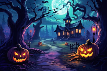 Halloween background with spooky cartoon pumpkins and house
