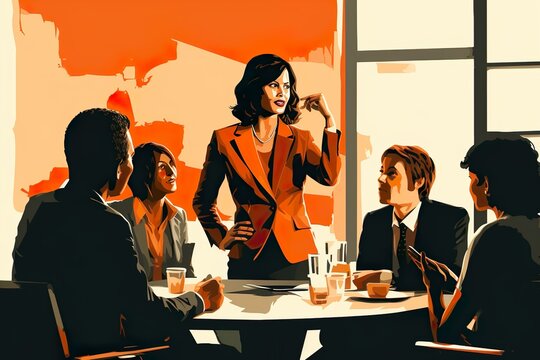 a female business leader charismatically talking to her team during a meeting | Generative AI
