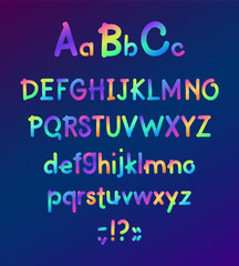 Colorful gradient font in shades of purple. Upper and lower case letters and punctuation marks.