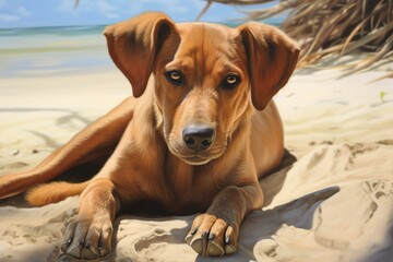 a slender, brown dog with patches of greyish and yellowish hair, laying down on the sands of a tropical beach with his ears relaxed | Generative AI