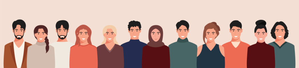 A group of people from different cultures and traditions. Diversity. Diverse multiracial and multicultural groups of people. Vector illustration in flat style.