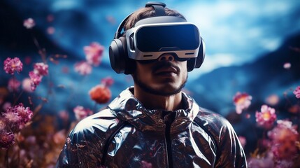 Reality Redefined Man Enveloped in Surreal Realm as He Does a VR Headset, Expanding Horizons, Generative AI - obrazy, fototapety, plakaty