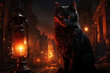 Halloween Atmospheric Photo: Conjuring the Spooky Essence of the Witching Season with Pumpkins, Spooky Costumes, Witches, Ghosts, and Haunted Houses. Embracing the Thrill of Trick or Treating in Dark
