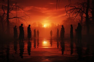 Halloween Atmospheric Photo: Conjuring the Spooky Essence of the Witching Season with Pumpkins, Spooky Costumes, Witches, Ghosts, and Haunted Houses. Embracing the Thrill of Trick or Treating in Dark