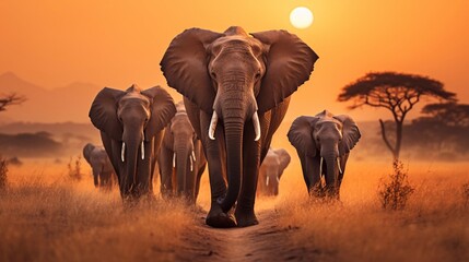 Serene Scene of Elephants Walking Through Dry Grassland Generative AI