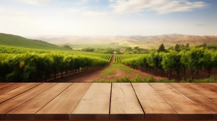 Papier Peint photo Vignoble Empty wooden table product display blurred vineyard background
