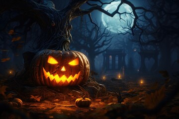 Glowing jack-o-lantern in a forest halloween background