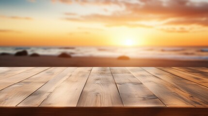 Empty wooden table product display blurred evening beach background