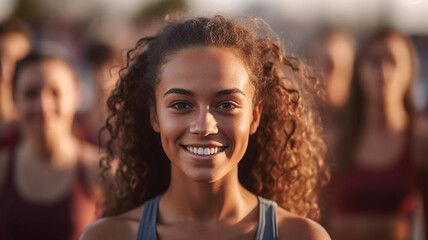 Fototapeta premium Young adult woman, tanned skin tone, curly brunette hair, slim attractive, 20s, sweaty skin, , fictional place